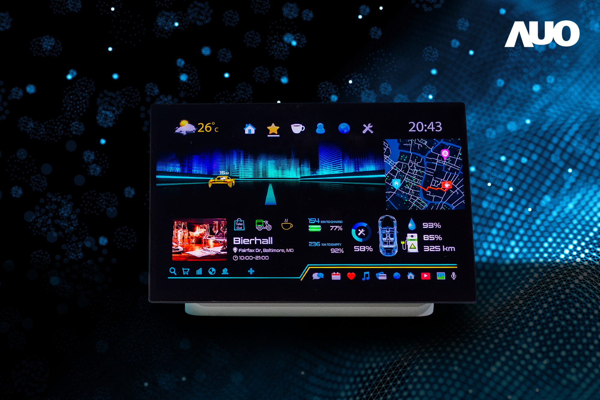 友達16吋超高色域車載中控獲得2025顯示器元件產品技術獎之面板模組類傑出產品獎，首次在車載領域採用藍光COB（LED chip-on-board）搭載量子點（Quantum Dot）膜之Mini LED解決方案實現廣色域